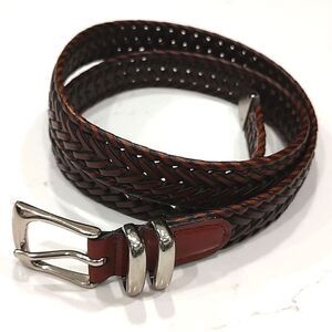 Perry Ellis Portfolio Brown Leather Woven Men's Belt Silver Buckle & Tip Size 38